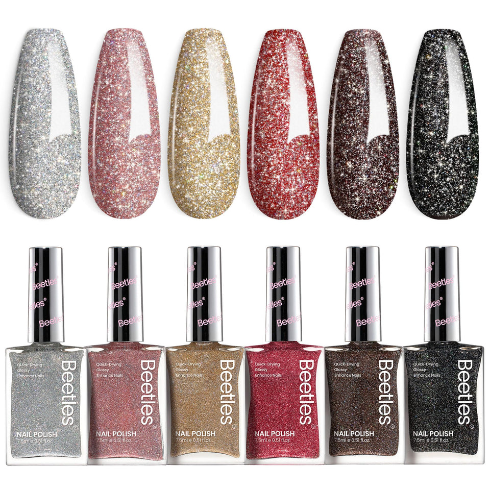 beetles front packaging showing six glitter polish bottles and set benefit quick salon finish