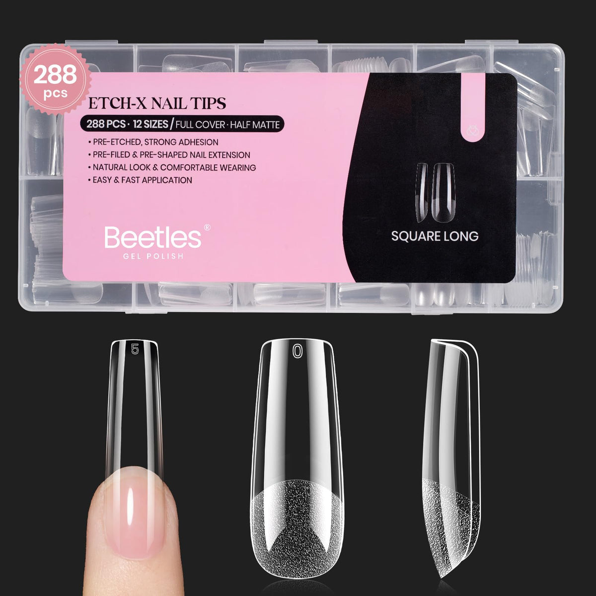 beetles package front showing 288-piece set and long square nails for easy selection