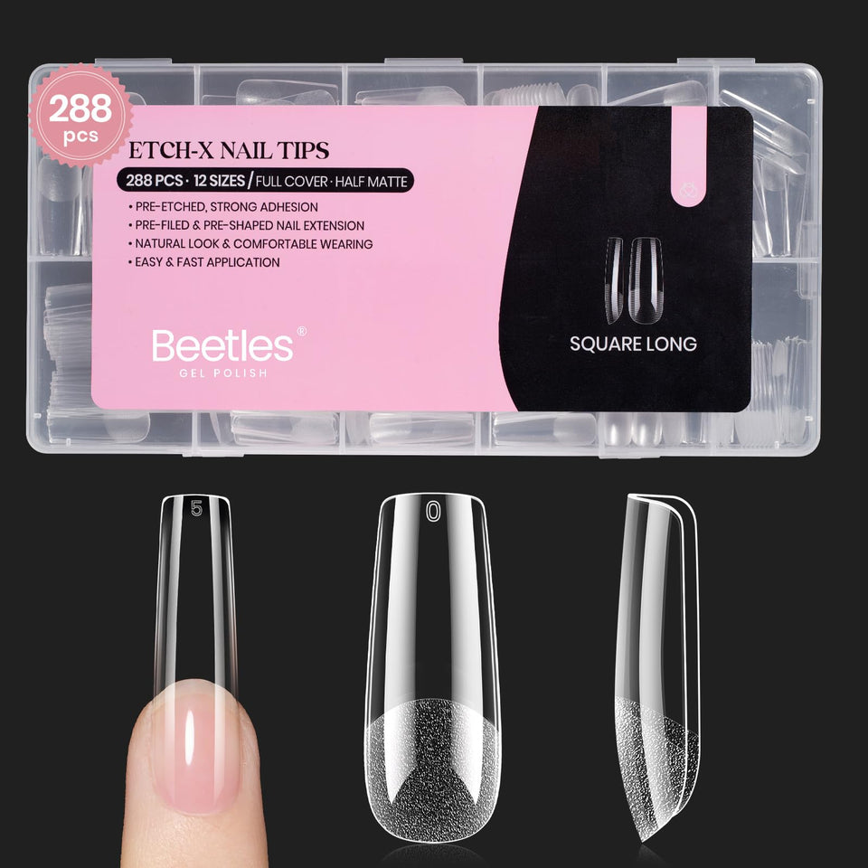 beetles package front showing 288-piece set and long square nails for easy selection