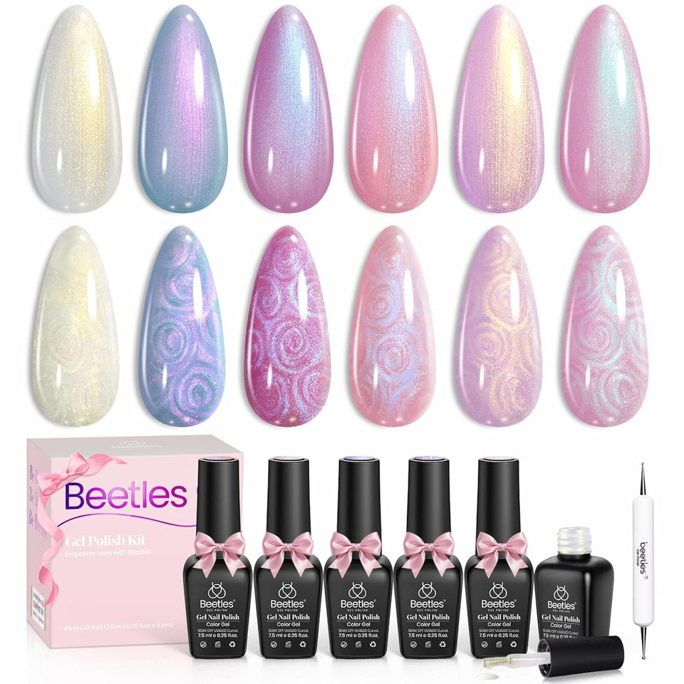 beetles front packaging showing six shimmer gel bottles and dotting pen for easy selection