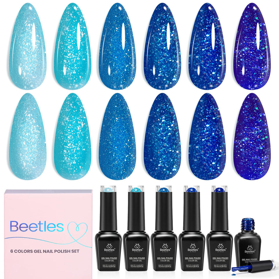 beetles front packaging showing six glacier blue gel polish bottles and labels for easy selection