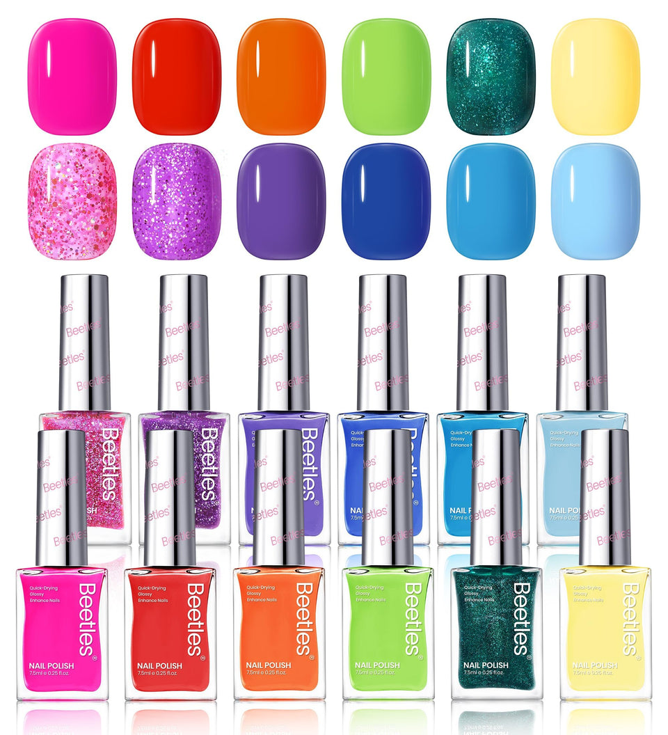 Beetles front packaging showing all 12 neon bottles and rainbow display for gifting