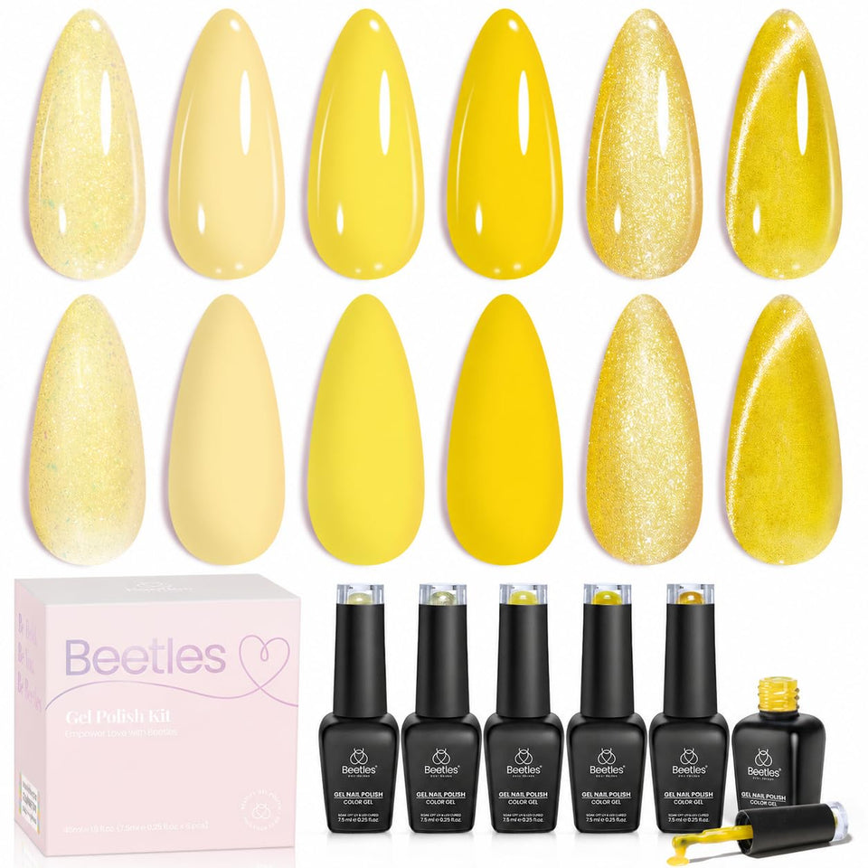 beetles front packaging showing six yellow gel bottles and branding for quick selection