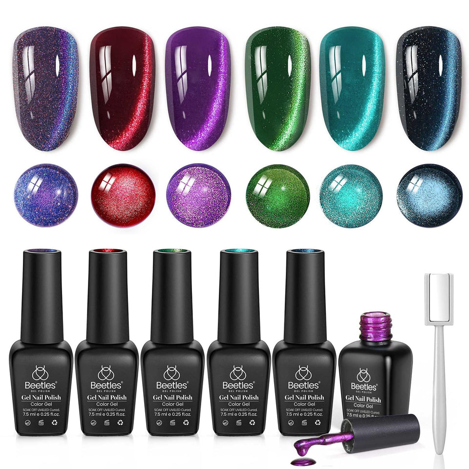 beetles front packaging showing six chameleon gel polish bottles and magnet for versatile looks