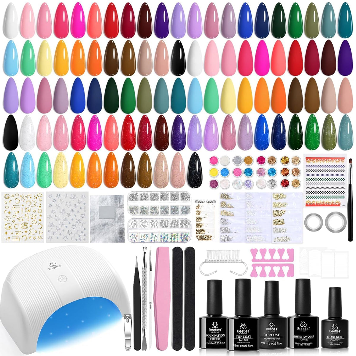 beetles gel polish full kit front view showing 32 colors and lamp, perfect starter set
