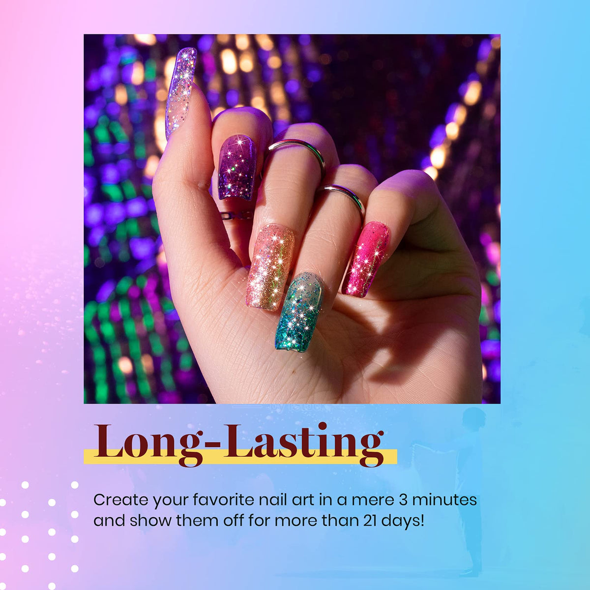 Beetles Gel Polish applied on nails for party design showcasing long-lasting shine