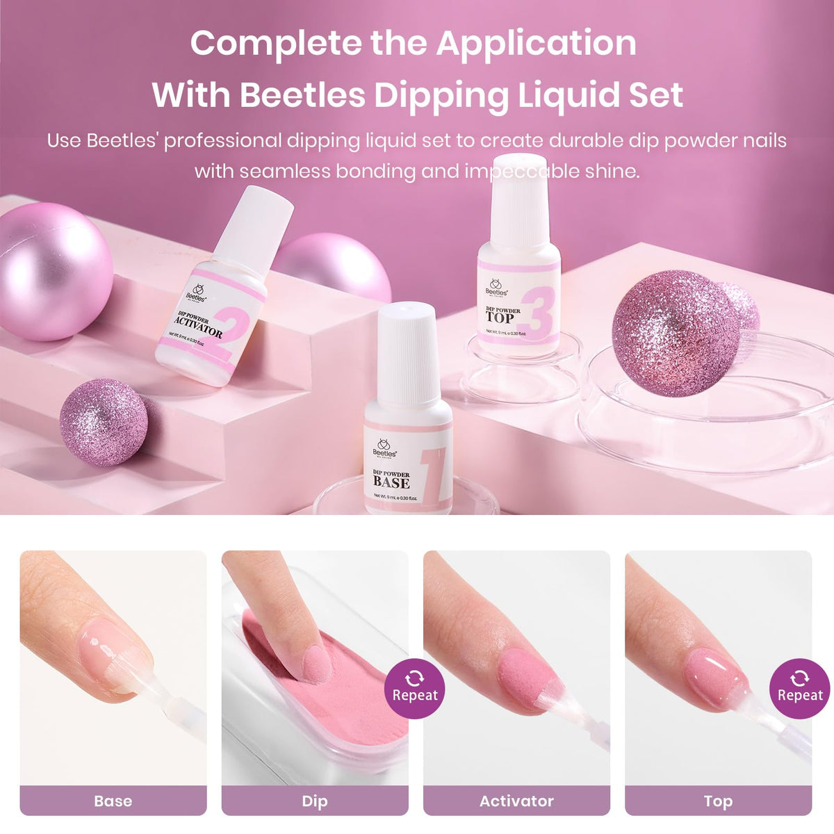 Beetles Gel Polish base top activator bottles displayed to illustrate no-UV curing benefit