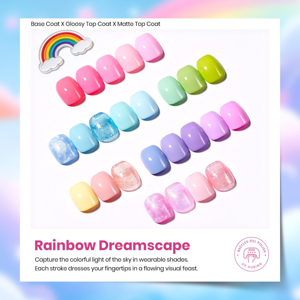 Beetles Gel Polish color swatch fan showing 25 pastel shades, easy selection