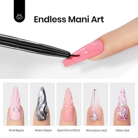 Beetles Gel Polish finished clear sculpted nails in lifestyle scene showing glossy durable result