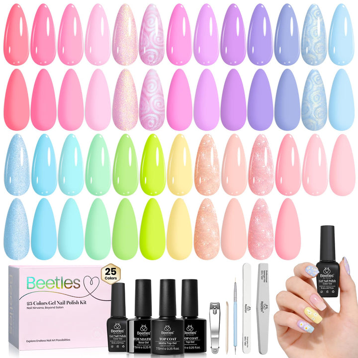 Beetles Gel Polish front packaging showing 25 pastel bottles and tools, gift-ready