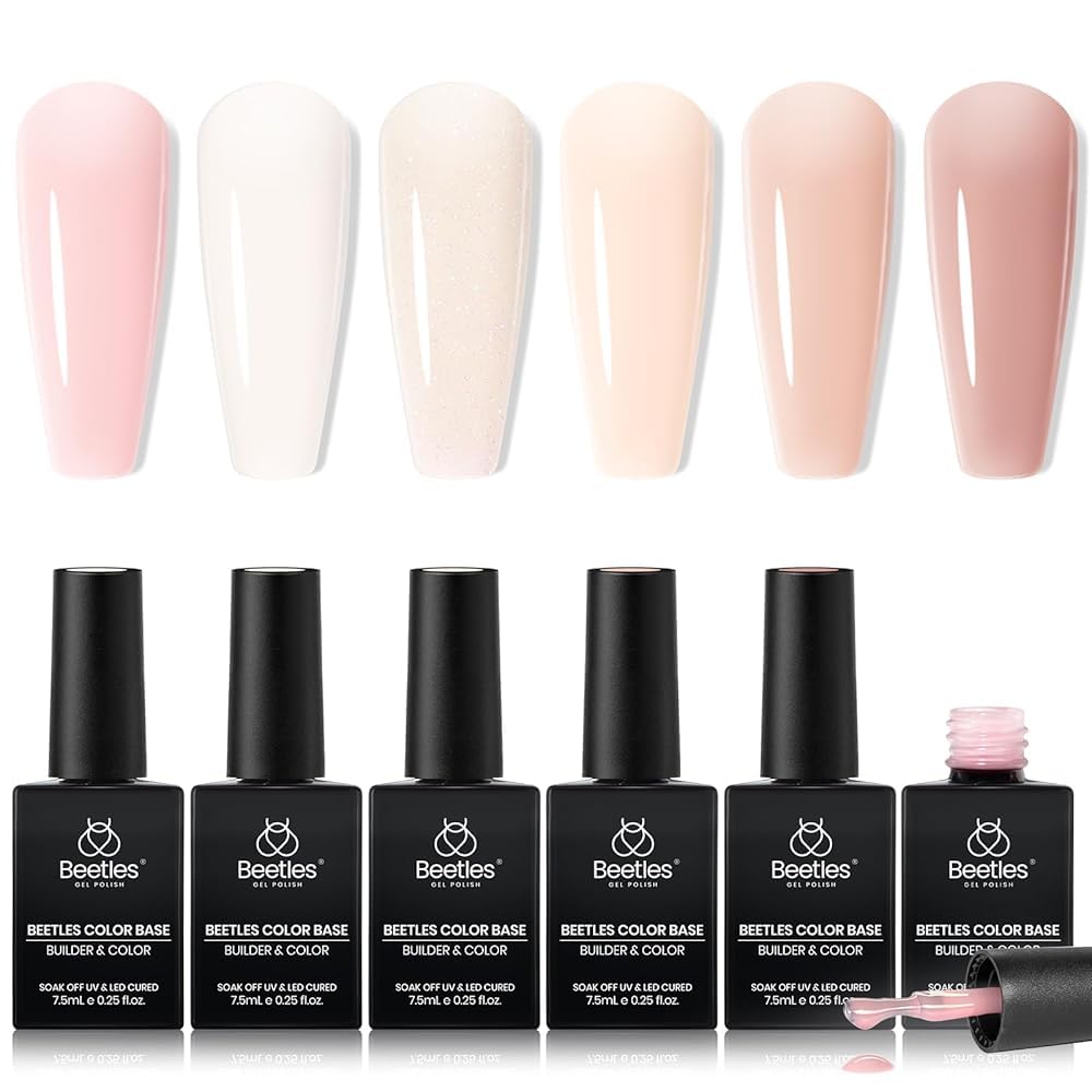 Beetles Gel Polish front packaging showing six nude pink bottles and labels for easy selection