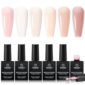 Beetles Gel Polish front packaging showing six nude pink bottles and labels for easy selection