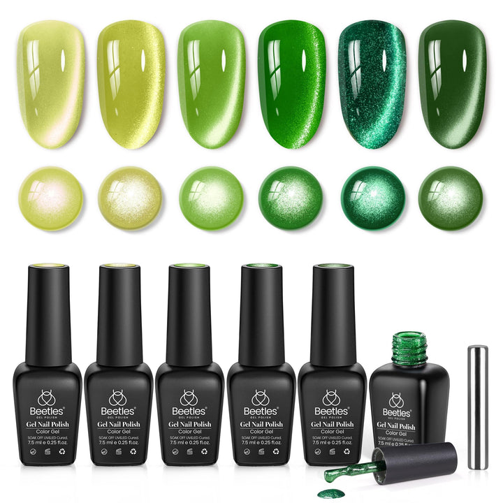 Beetles Gel Polish front packaging showing six green cat eye bottles and magnet tool, attractive gift