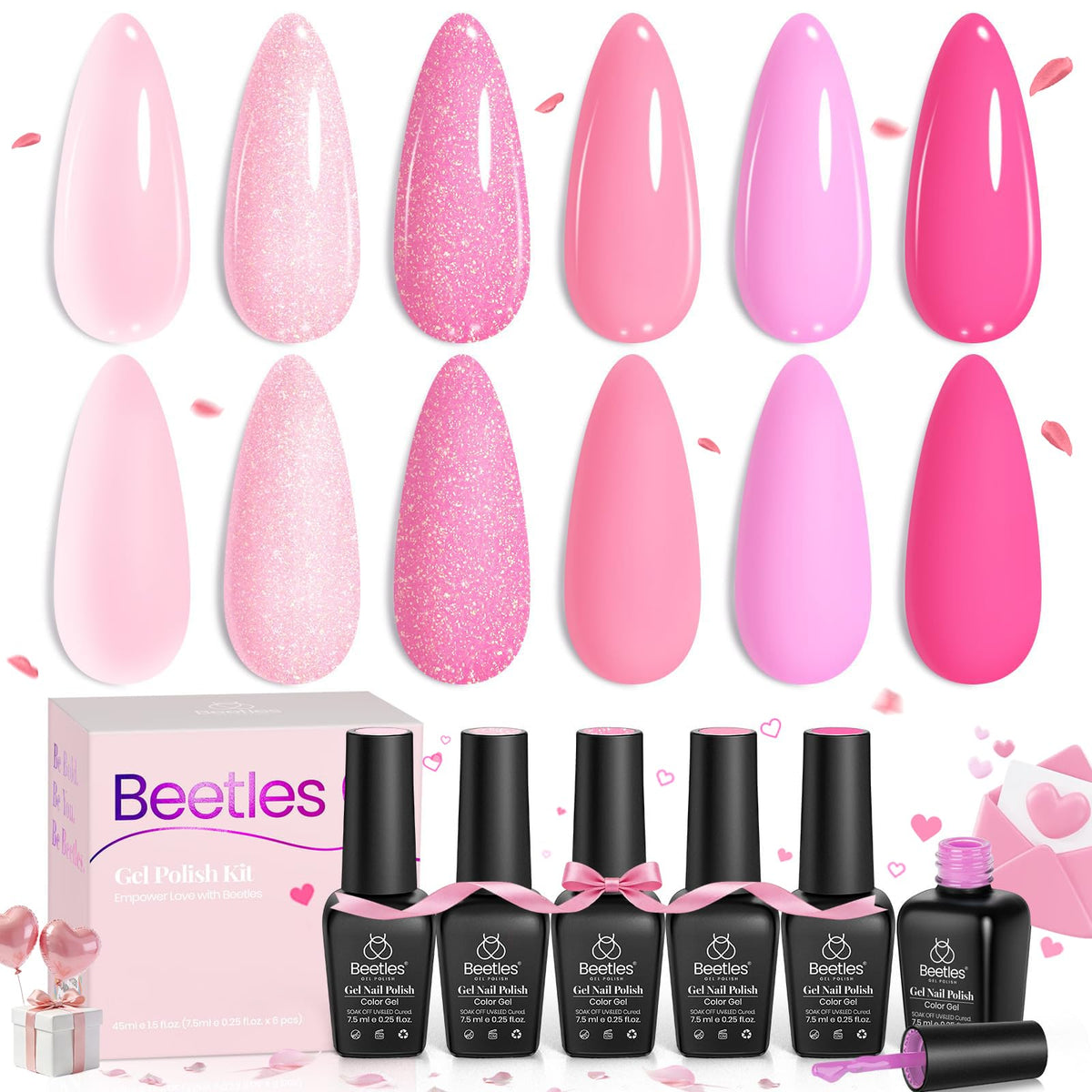 Beetles Gel Polish front packaging showing six pink bottles and labels, ideal for gifting