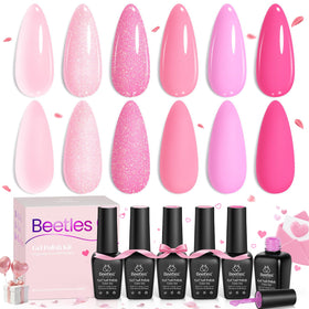 Beetles Gel Polish front packaging showing six pink bottles and labels, ideal for gifting