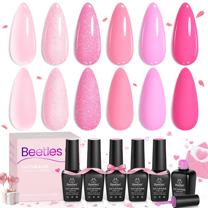 Beetles Gel Polish front packaging showing six pink bottles and labels, ideal for gifting
