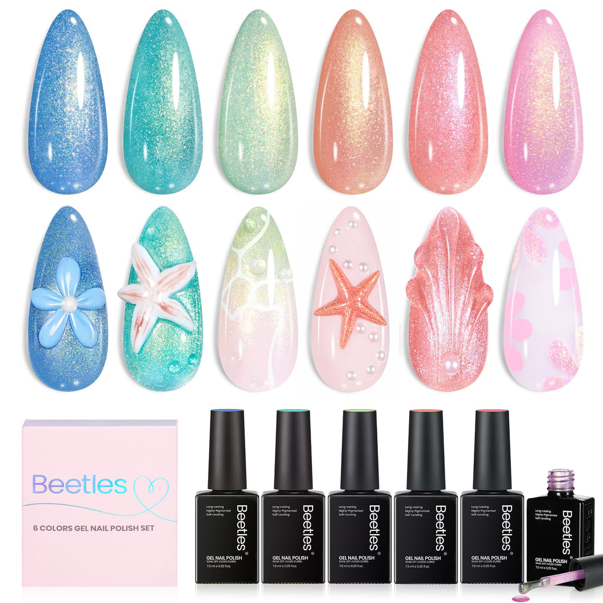 Beetles Gel Polish front packaging showing six pastel glitter bottles and kit benefits