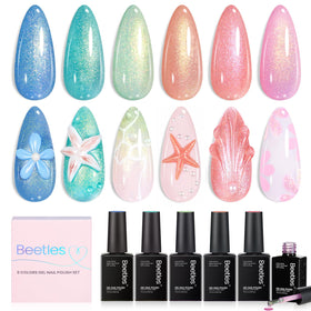 Beetles Gel Polish front packaging showing six pastel glitter bottles and kit benefits