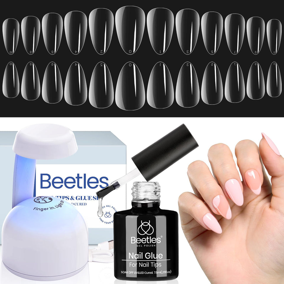 Beetles Gel Polish full kit box view showing lamp, glue gel and 500 tips for complete convenience