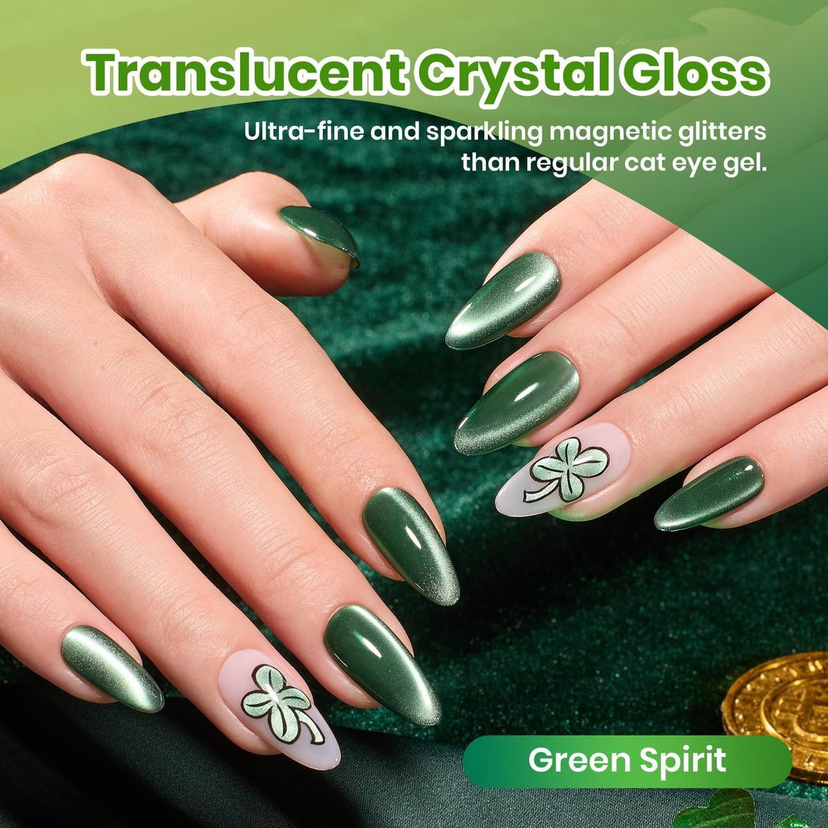 Beetles Gel Polish manicure on hands in lifestyle scene, durable glossy green nails for events
