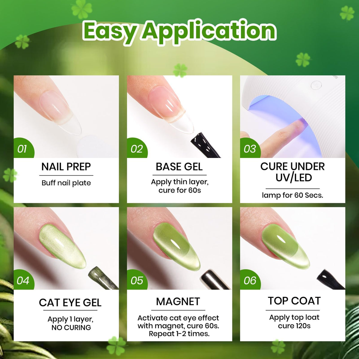 Beetles Gel Polish swatch wheel of six greens showing color range and shimmer effect