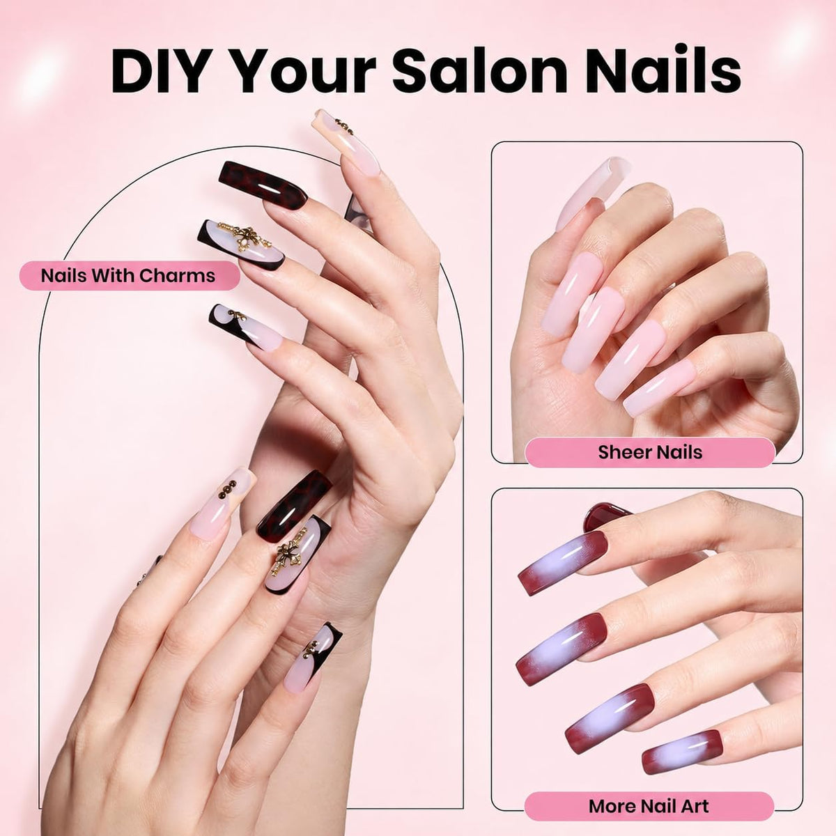 Beetles Gel Polish 224 tips laid out displaying size variety and fit benefit