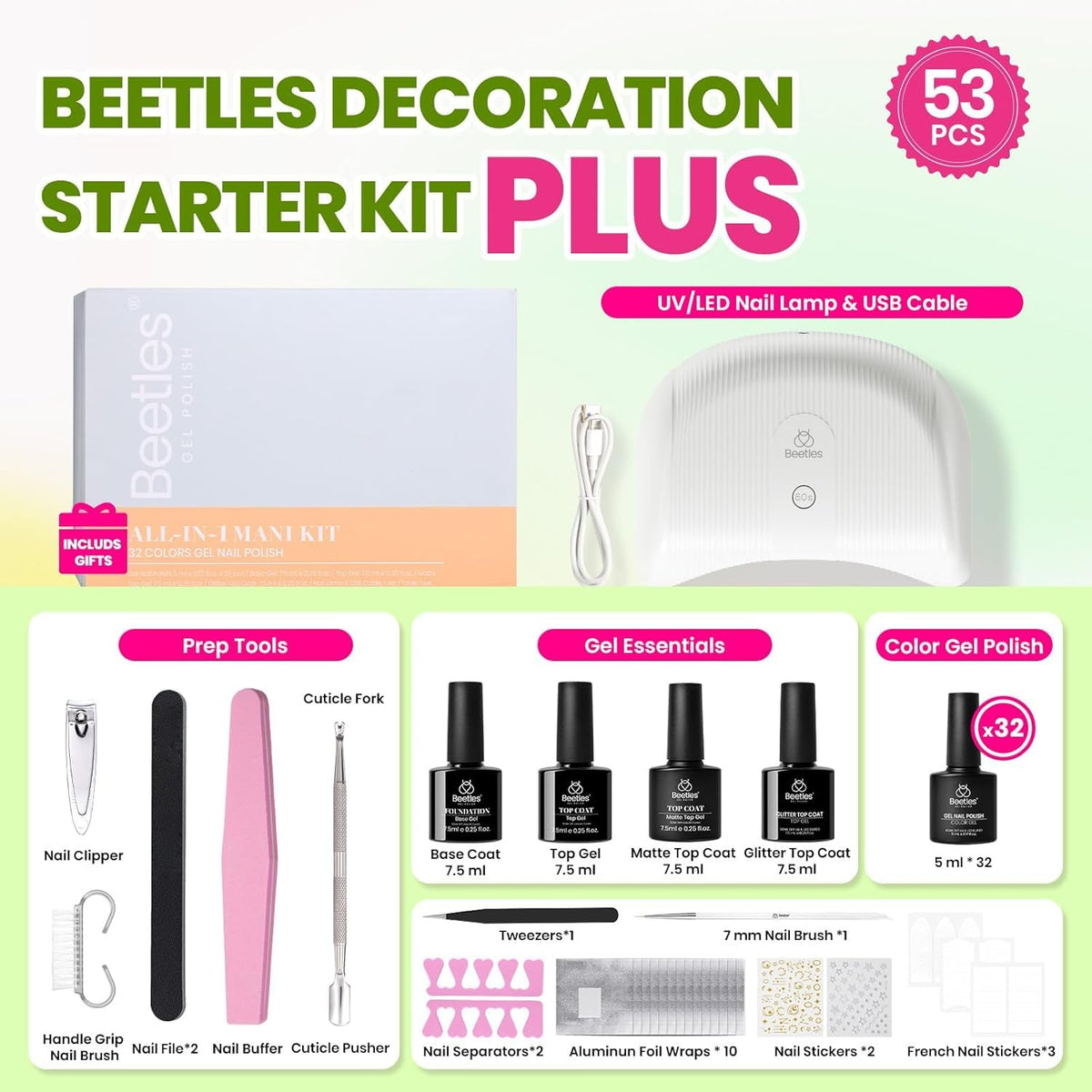 beetles gel polish manicure tools and decorations laid out, supports creative nail art