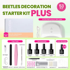 beetles gel polish manicure tools and decorations laid out, supports creative nail art