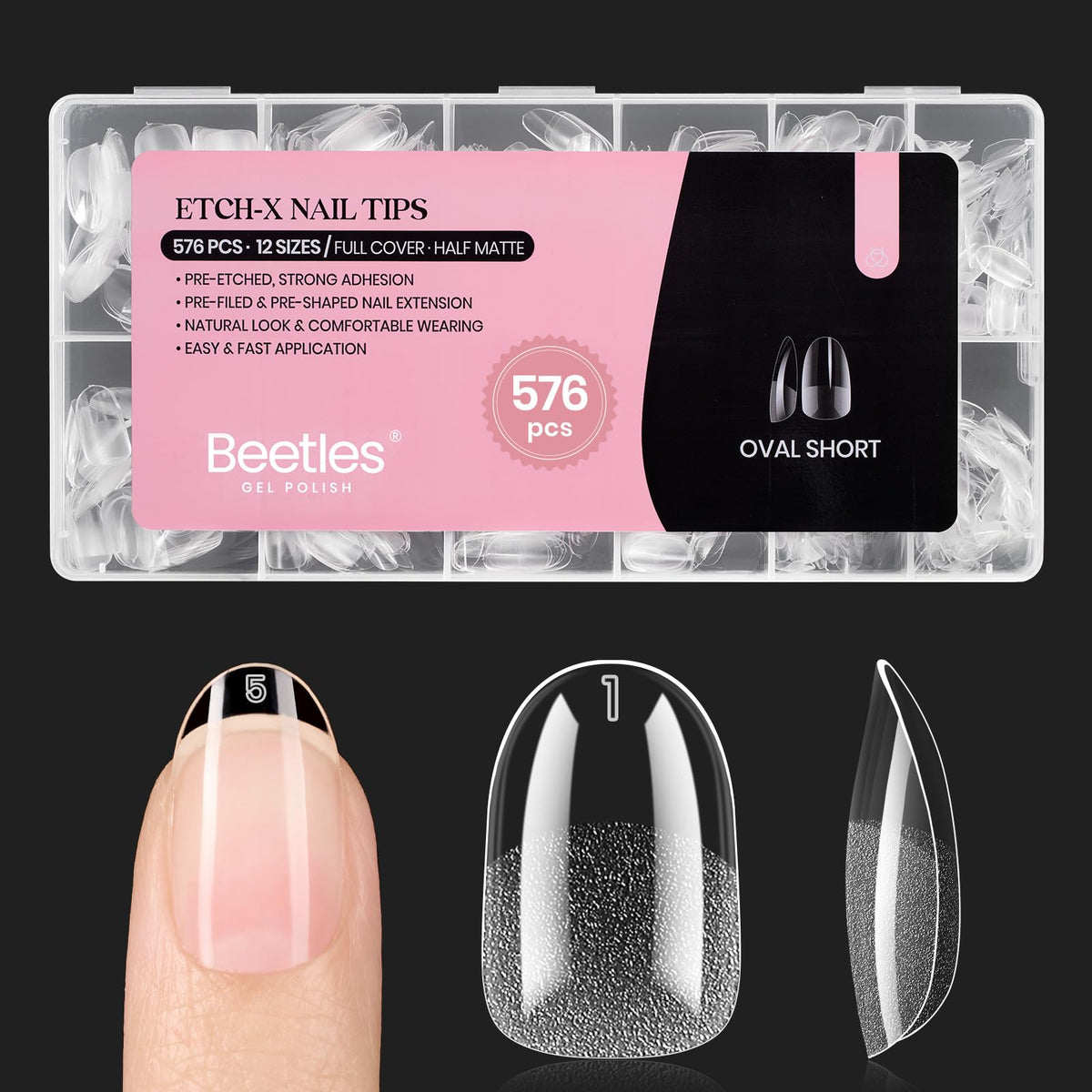 Beetles Gel Polish front packaging showing 576 short oval tips and benefits