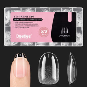 Beetles Gel Polish front packaging showing 576 short oval tips and benefits