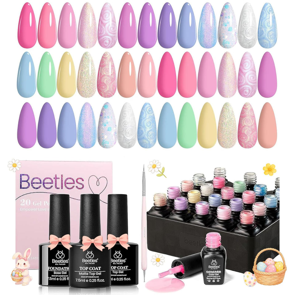 Beetles brand front packaging showing full 24-piece pastel gel kit and tools