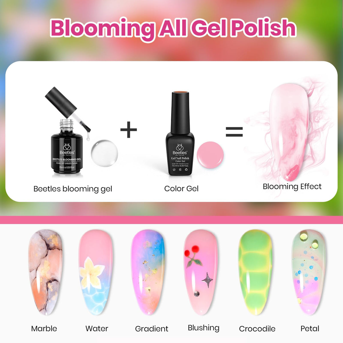 Beetles Gel Polish manicure in use showing floral nail art for salon-quality results