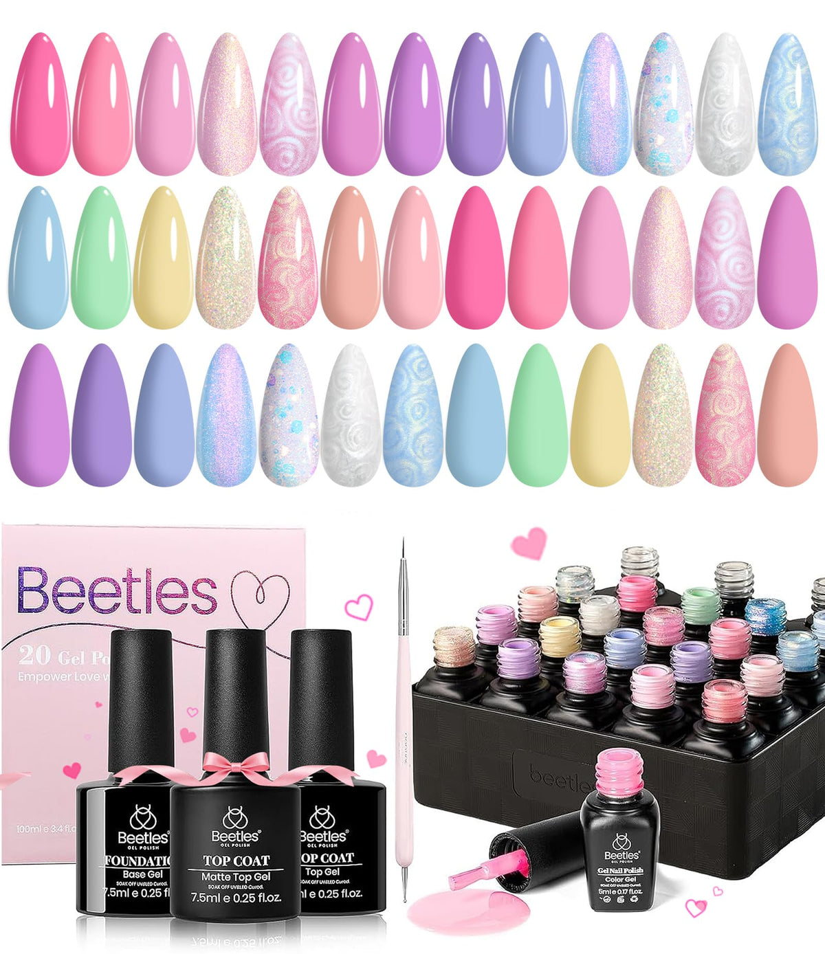 Beetles kit next to a hand to show bottle size and realistic scale