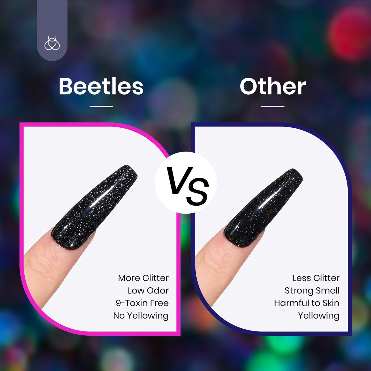 beetles close-up brush stroke revealing glitter texture and even coverage
