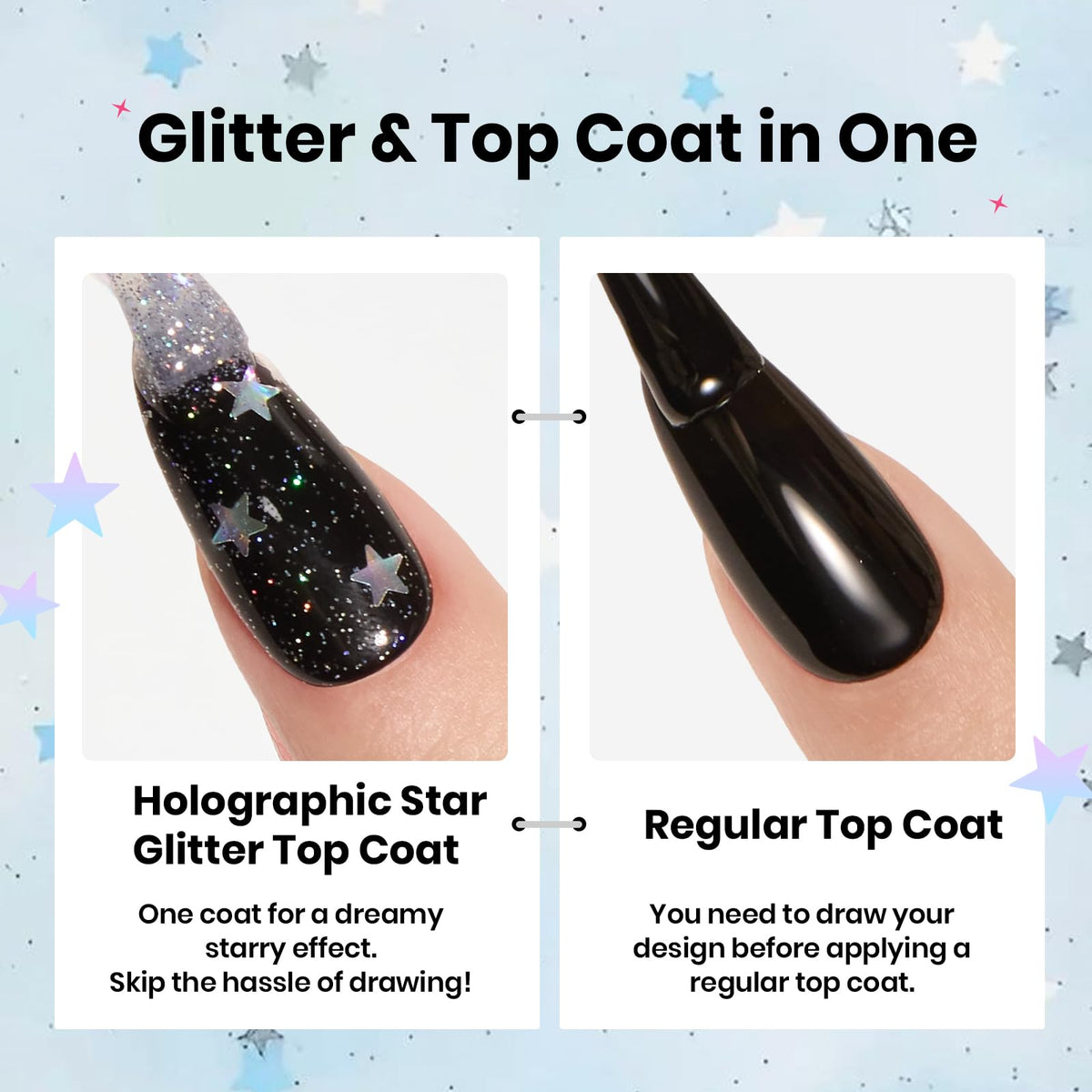 cured nail with Beetles topcoat showing smooth star texture and long‑lasting shine