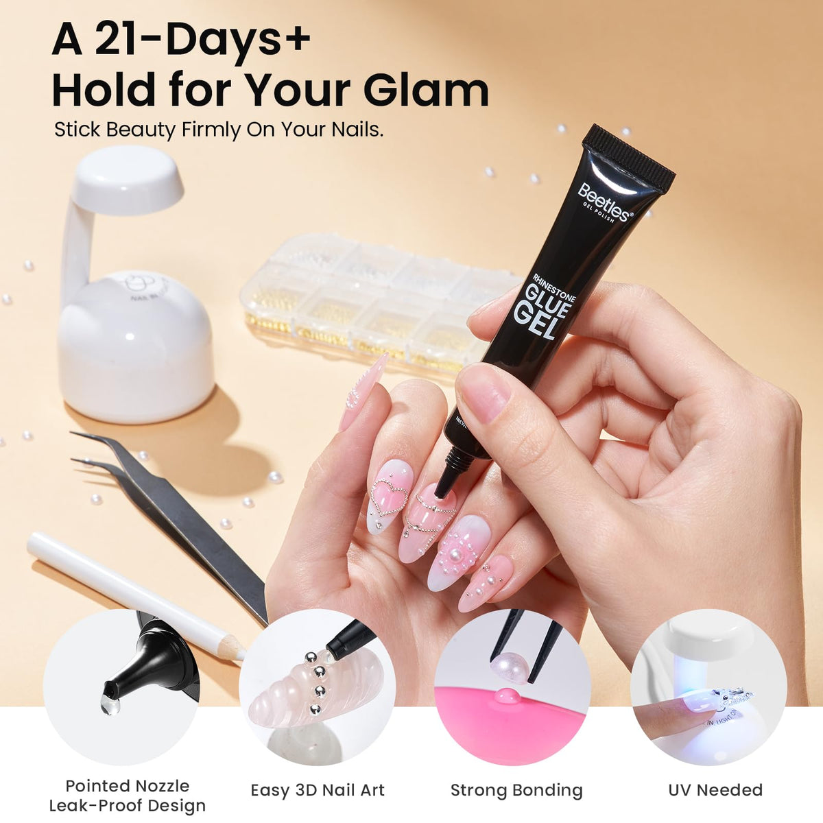 beetles rhinestone gel glue with tweezers and pick-up pencil for precise placement
