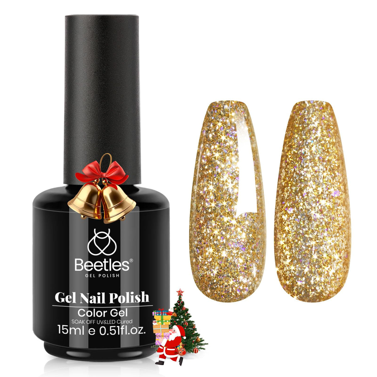 Beetles bottle front showing gold glitter polish and brand for instant glam