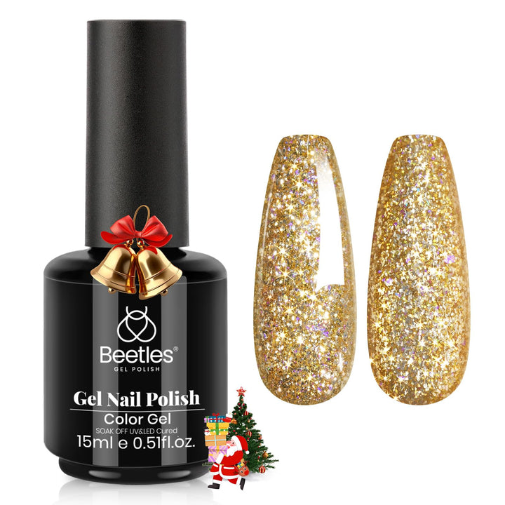 Beetles bottle front showing gold glitter polish and brand for instant glam