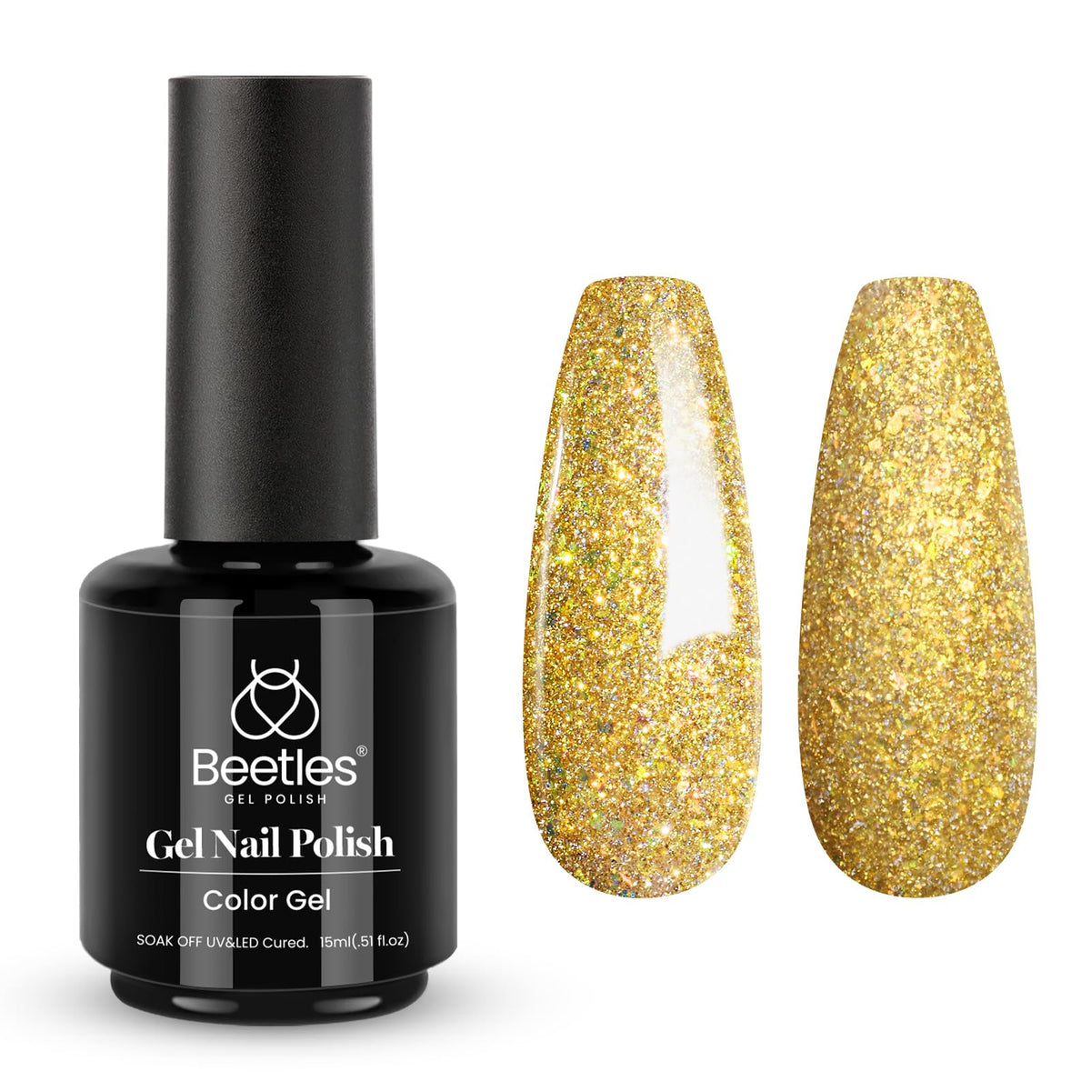 beetles bottle front view showing champagne gold polish and clear label, brand sparkle