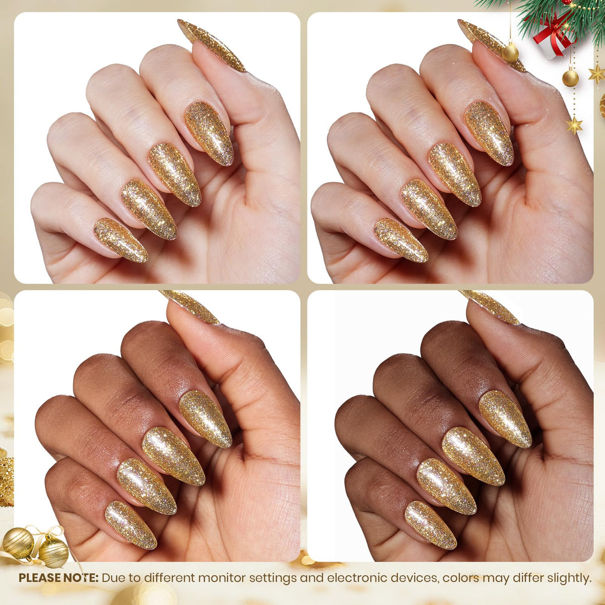 Beetles gold glitter layered over dark polish showing reflective purple shift