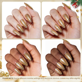 Beetles gold glitter layered over dark polish showing reflective purple shift