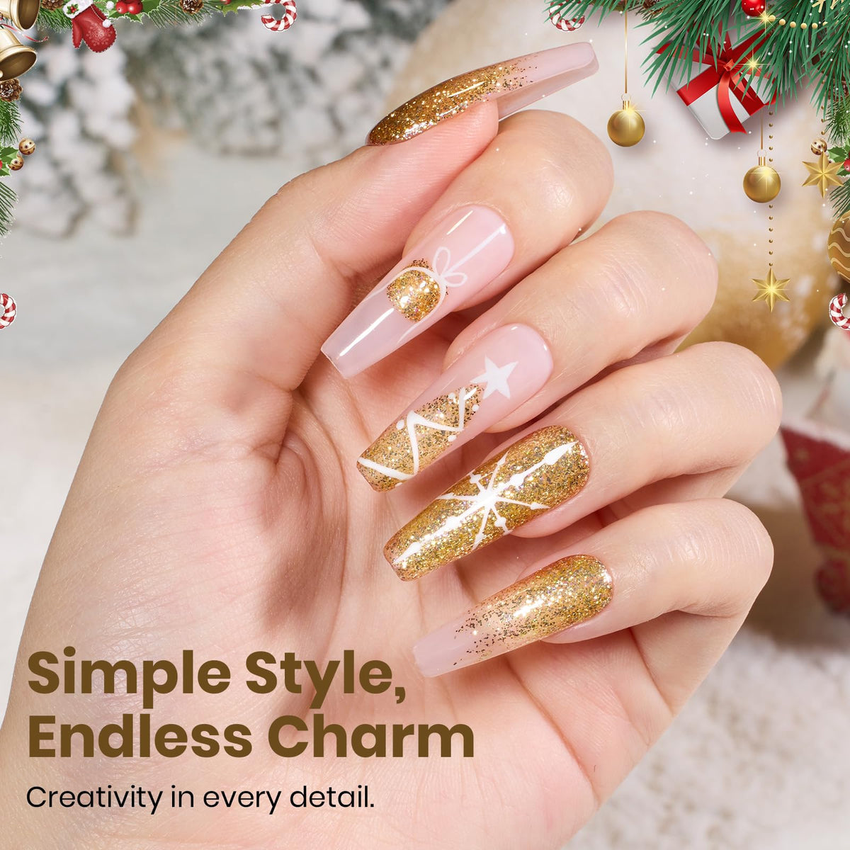 Beetles manicured hands wearing starlit gold gel polish for party-ready nails
