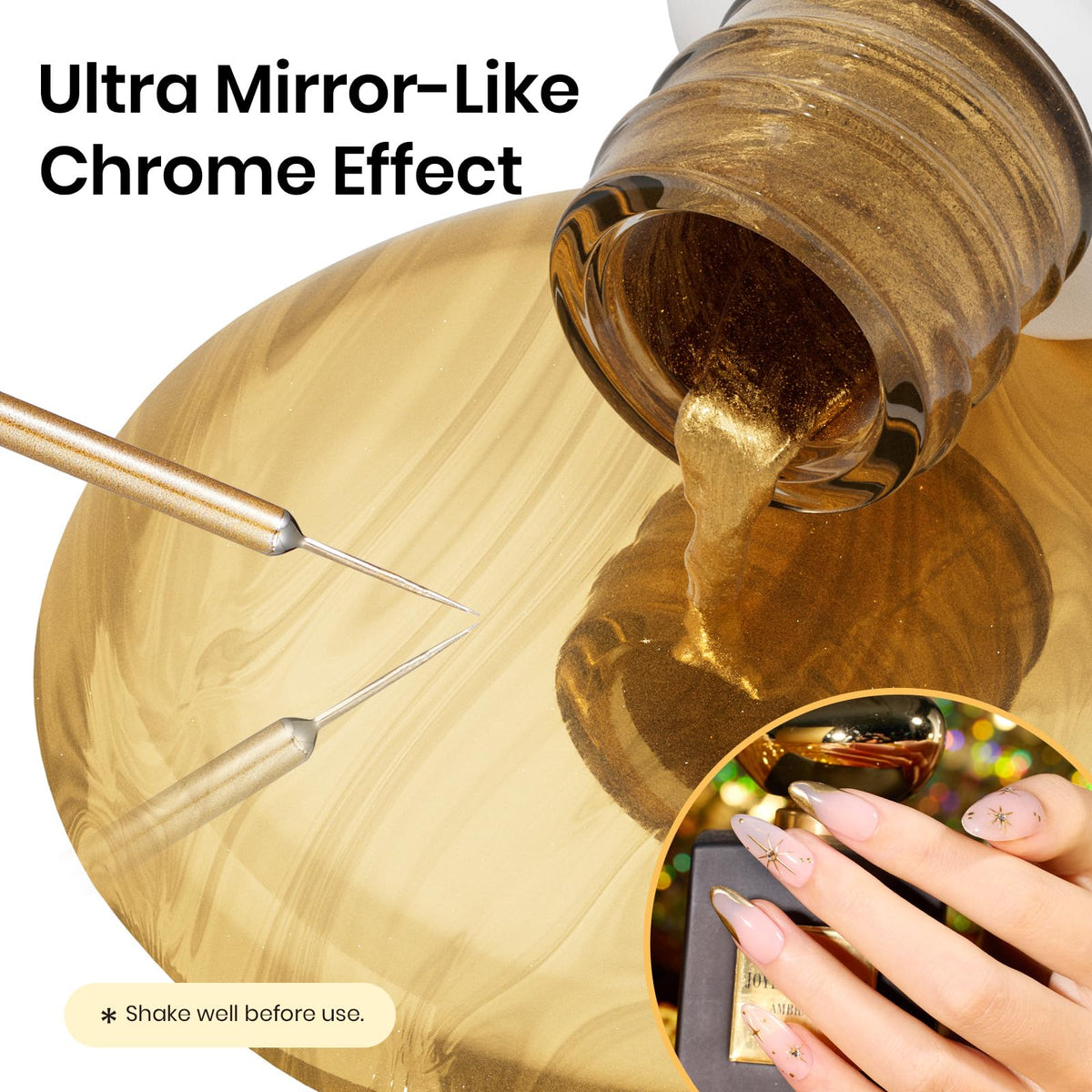 beetles Gel Polish gold stroke on nail plate showing mirror chrome effect for eye-catching accents