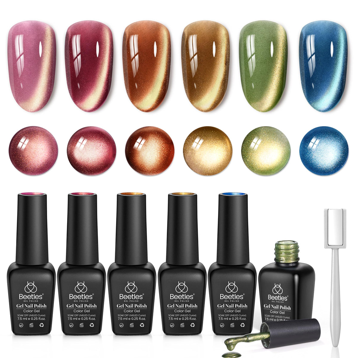 beetles bottle front packaging showing six autumn shades and golden shimmer