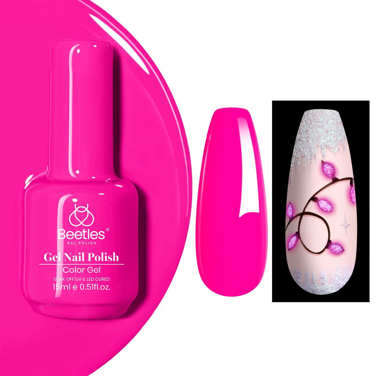 beetles brand hot pink front bottle showing 15ml neon color and label benefit: vibrant pigment
