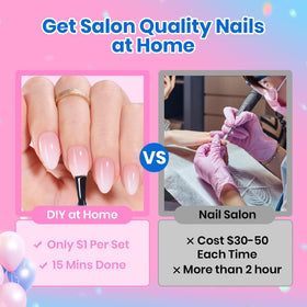 beetles hands applying press-on tip illustrating quick DIY salon results