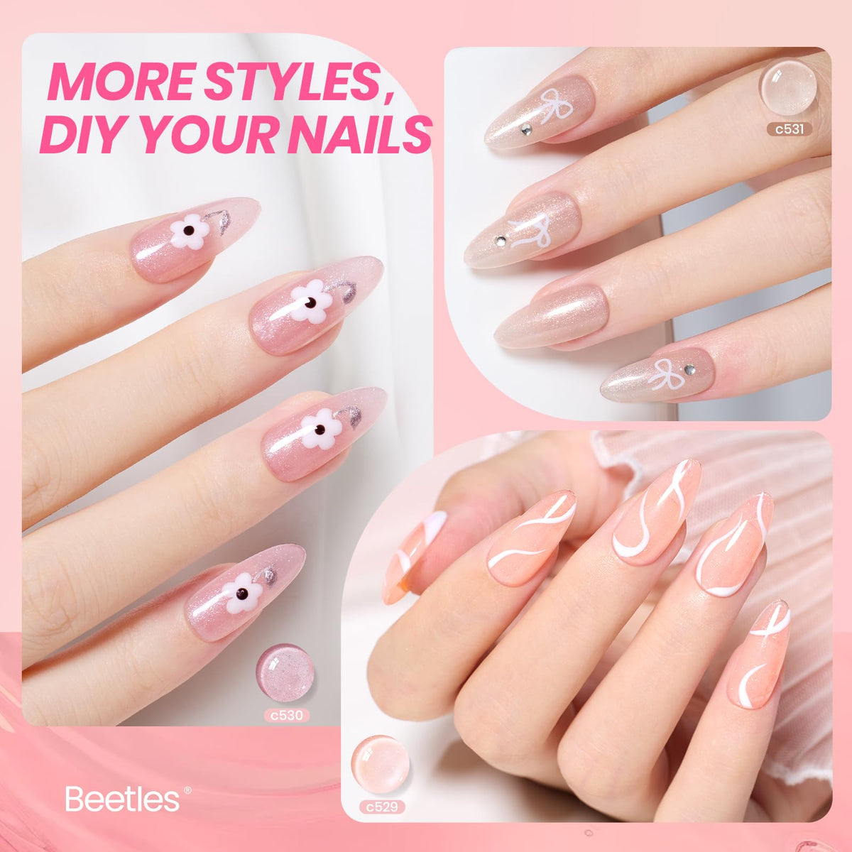 beetles swatched on nails demonstrating sheer shimmer and wearable tones