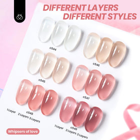 beetles Gel Polish nail swatches displaying six milky nude pink translucent shades for layered looks