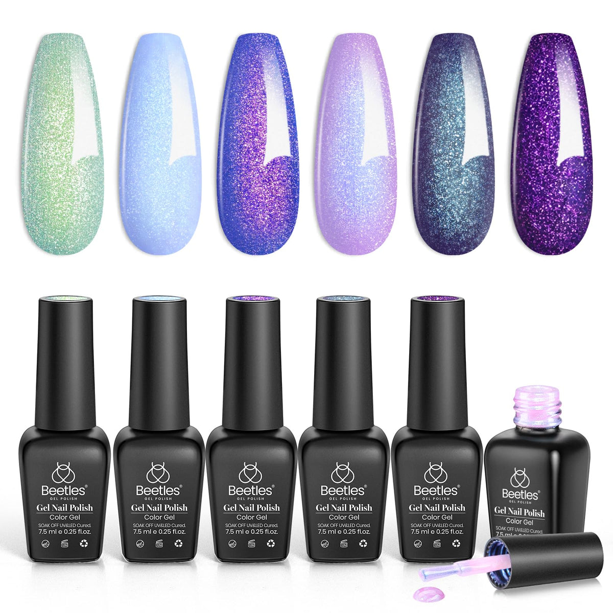 beetles bottle front packaging showing six glitter gel polish shades and shimmer finish