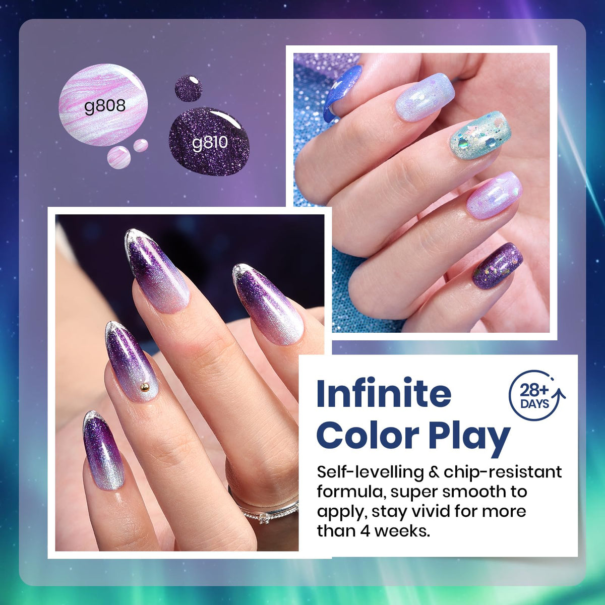 beetles hand swatch with nails painted kaleido galaxy demonstrating chameleon shine